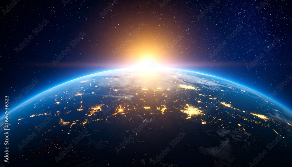 Obraz premium Earth Sunrise Space View, Planet Illumination