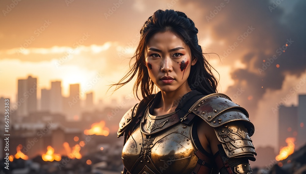 Obraz premium A determined woman clad in shining armor stands confidently on the rooftop of her charming house, gazing into the distance with a fierce expression.