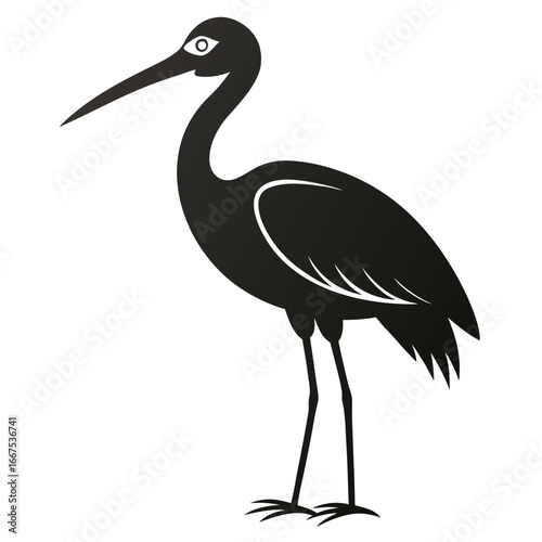Elegant black silhouette of a graceful heron with long legs and neck standing patiently