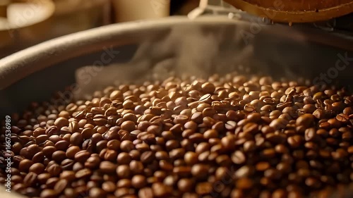 Freshly roasted coffee beans swirling in warm air