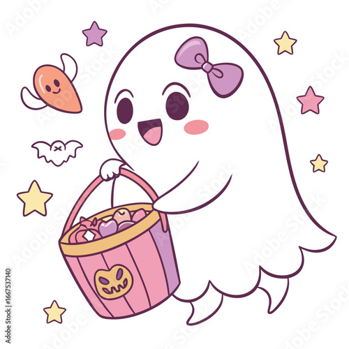 Cute cartoon ghost with a bucket full of halloween candy isolated on white background