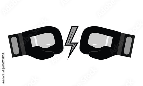 Vector illustration of two boxing gloves in confrontation with a lightning bolt symbol between them, representing fight, power, and competition.