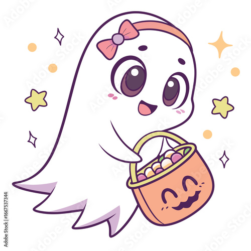 Cute cartoon ghost with a bucket full of halloween candy isolated on white background