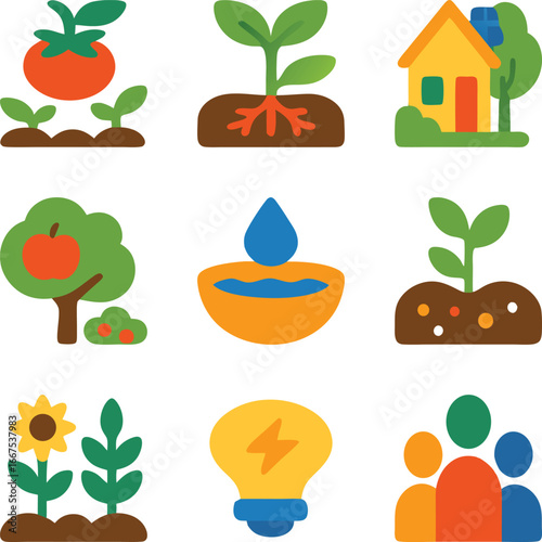 Agriculture icons depicting crops, a farmhouse, and people working. Perfect for farmrelated designs, agricultural presentations, and ruralthemed projects.