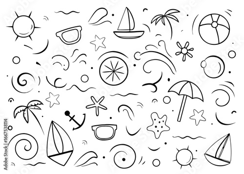Charming hand drawn italian summer vacation scene featuring coastal views and leisure activities