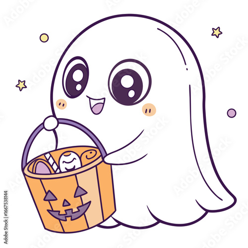 Cute cartoon ghost with a bucket full of halloween candy isolated on white background