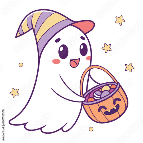 Cute cartoon ghost with a bucket full of halloween candy isolated on white background