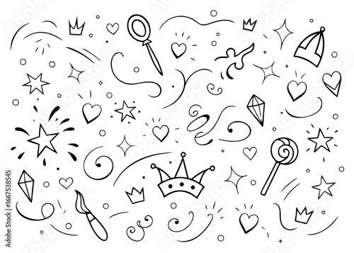 Charming hand drawn princess doodle collection featuring a cute beauty girl with whimsical elements and artistic flair