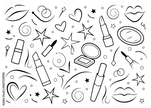 Charming hand drawn seamless pattern featuring artistic lipstick illustrations in a vibrant color palette perfect for beauty branding and packaging designs