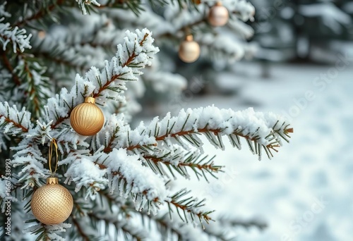 Frosted pine branches adorned with silver and gold ornaments, nestled in snowy landscape,  frost,  winter