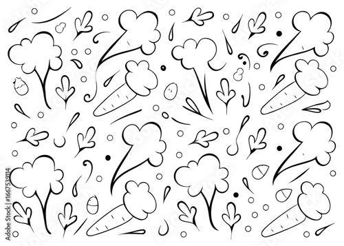 Charming hand drawn seamless pattern featuring a whimsical broccoli character driving a tiny car across a repeating background