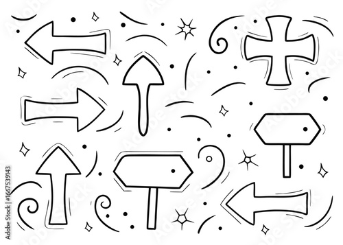 A charming collection of hand drawn road direction signs and navigational markers in a doodle sketch style perfect for creative projects and presentations