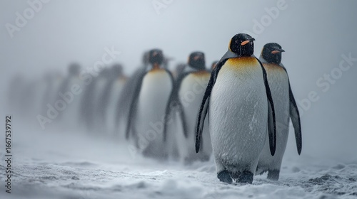 A line of penguins in a snowy, misty landscape