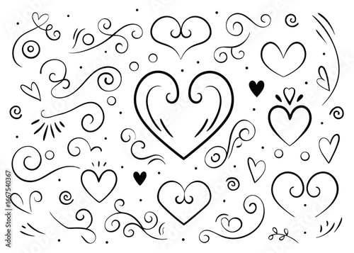 Charming hand drawn heart and love swirl divider design featuring elegant flourishes and romantic motifs perfect for decorative accents
