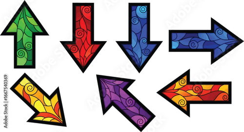 Set of colorful stained glass arrows pointing in different directions, representing choice and navigation