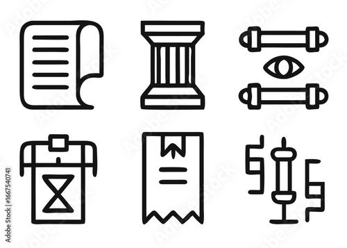 Comprehensive collection of historical timeline and ancient artifact symbols with adaptable stroke thickness for diverse creative applications
