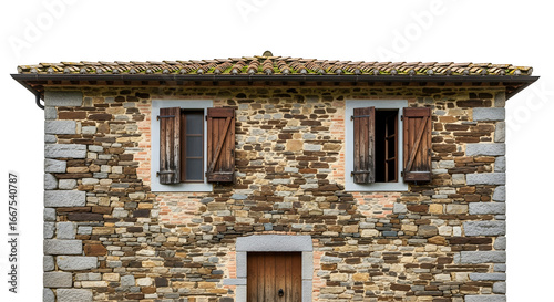 Old stone building facade with wooden shutters and tiled roof