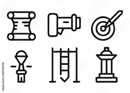 Comprehensive collection of historical symbols and elements with customizable stroke thickness for diverse design applications