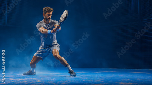 Dynamic Padel Player in Action on Blue Court Sports Energy