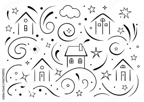 Collection of hand drawn sketch style houses buildings and architectural elements for creative design projects and visual storytelling