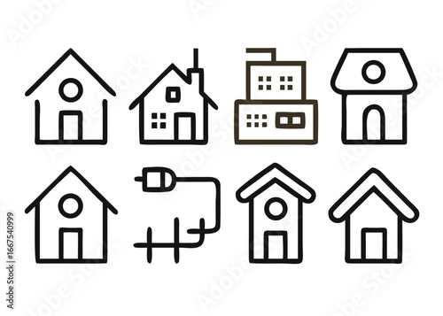 A comprehensive collection of clean line art house and web interface symbols for digital applications and user experience design projects