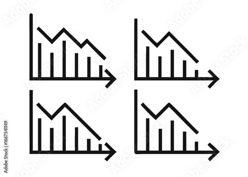 A collection of minimalist line graphics illustrating financial trends and market performance with upward and downward movement symbols