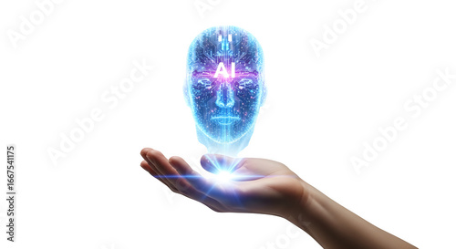 Artificial intelligence hologram on a hand against a