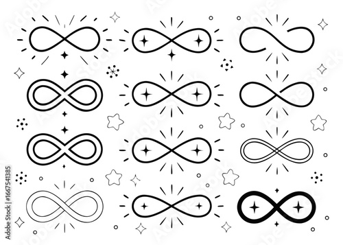 Collection of elegant black infinity symbol graphics for design projects and symbolism representation
