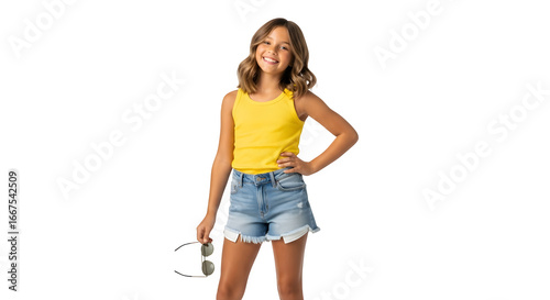 Smiling young girl in yellow top and denim shorts poses confidently