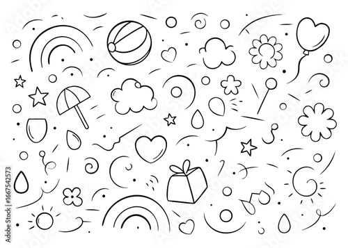 Charming hand drawn summer elements featuring adorable baby doodles and bright colorful accents perfect for seasonal designs
