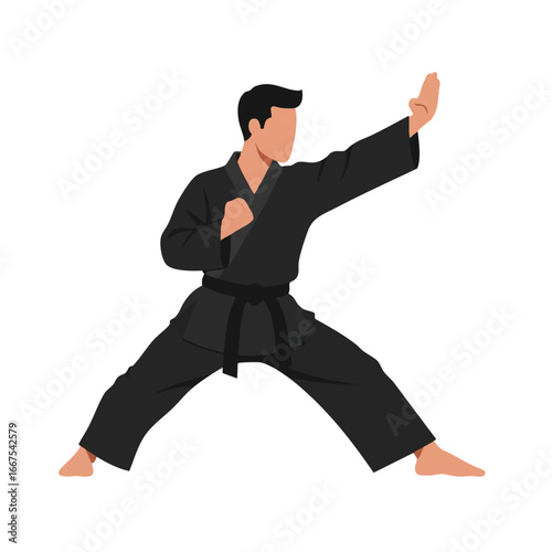 A dynamic martial artist in a powerful stance is depicted in a minimalist 2D flat vector illustration with clean lines and solid colors, isolated on a crisp white background.
