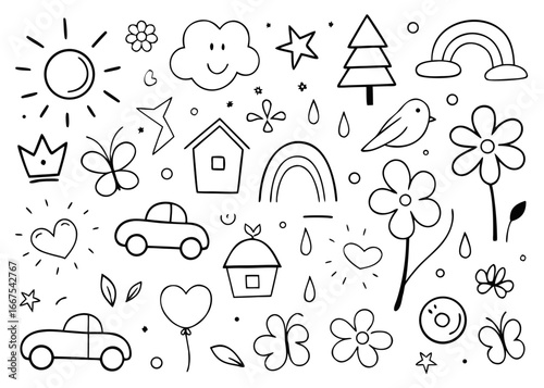 Charming hand drawn collection featuring a cheerful sun cozy house and whimsical tree for children s designs
