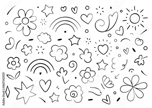 Charming hand drawn childrens art collection featuring a sweet floral heart and playful elements in vivid colors