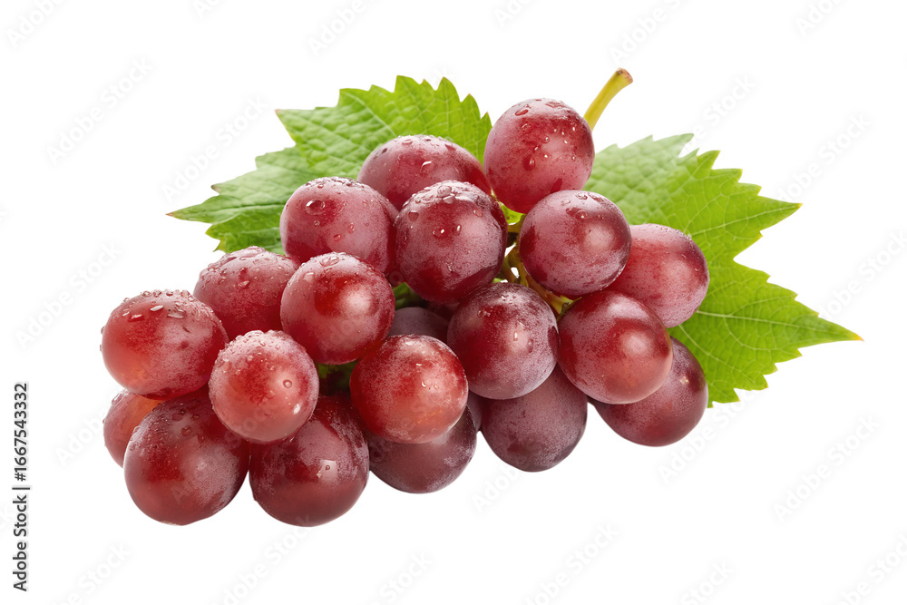 Fototapeta premium Fresh red grapes bunch with green leaves isolated on white background, perfect for healthy eating and culinary projects