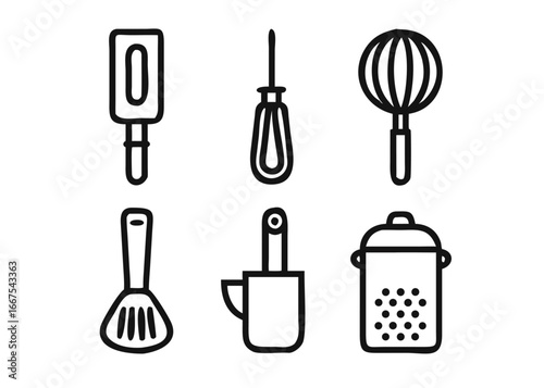Comprehensive collection of kitchen utensil and appliance symbols featuring adaptable stroke thickness for versatile graphic design applications