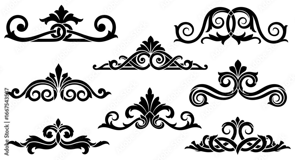 Fototapeta premium A collection of eight black Victorian-style ornamental flourish designs. Symmetrical vector elements for headers, page dividers, and elegant decorations.