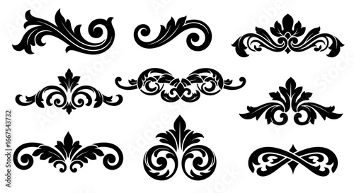 A set of elegant scroll ornaments and classic vintage flourishes. Isolated black silhouette vector graphics for creating ornate borders and decorative frames.