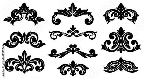 A versatile collection of classic decorative filigree ornaments. Elegant black silhouette vectors for creating ornate borders, wedding invitations, and dividers.
