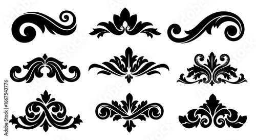 A collection of isolated black silhouette scrolls and flourish designs in a classic style. Elegant vintage elements for wedding invitations or ornate frames.