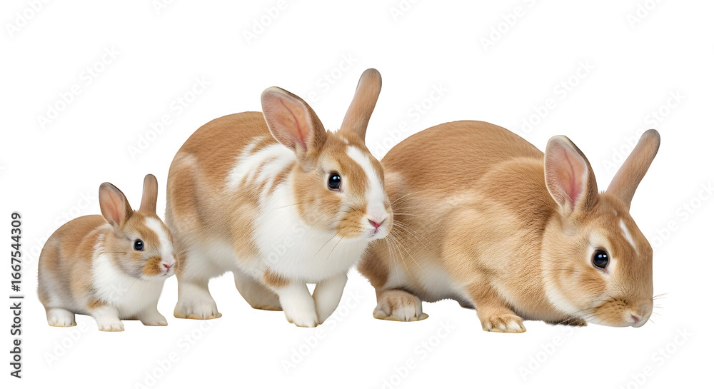 Fototapeta premium Three adorable rabbits of different sizes pose