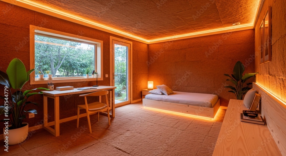 Fototapeta premium Warm and inviting modern bedroom design with natural light and cozy ambiance
