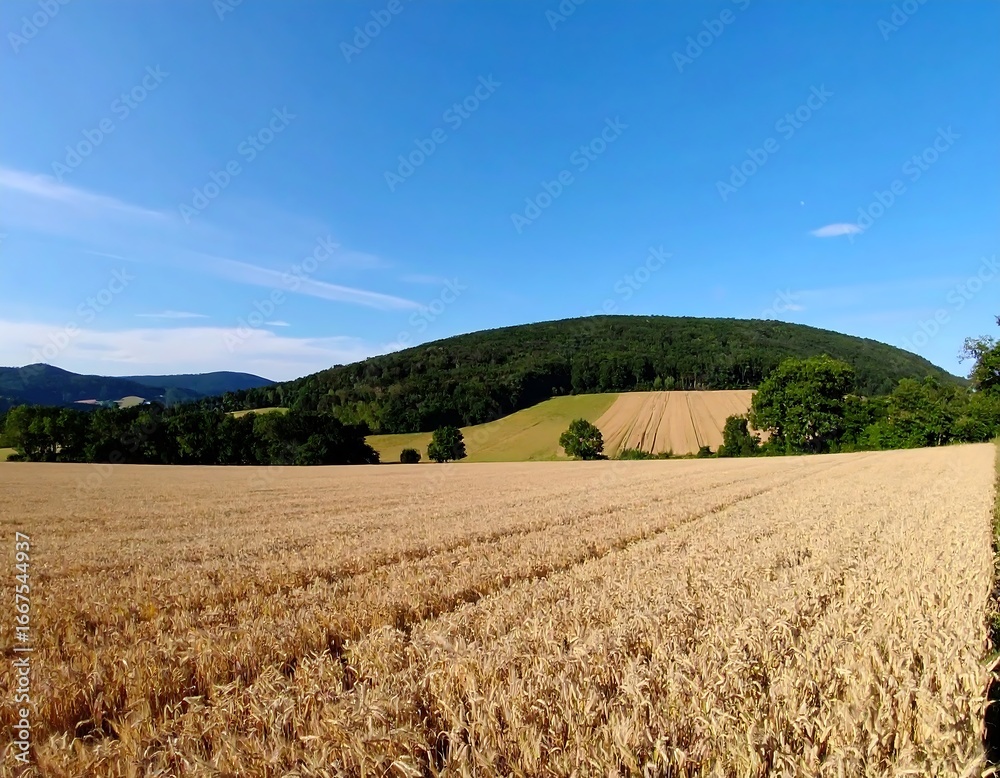 Fototapeta premium Panoramic rural landscape of golden fields and a hill