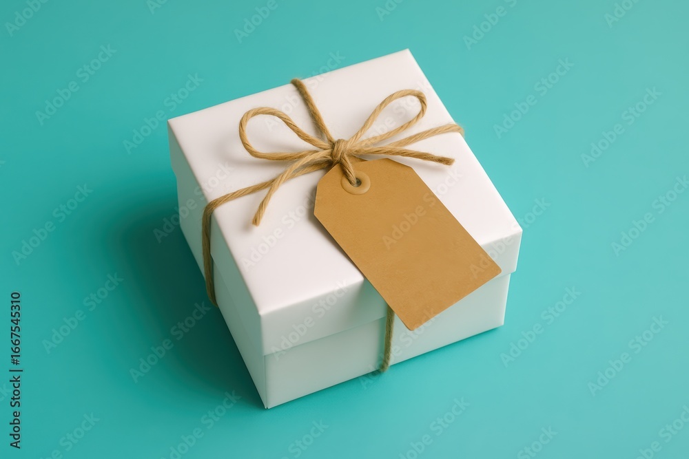 Fototapeta premium White Gift Box with Kraft Tag on Turquoise Background