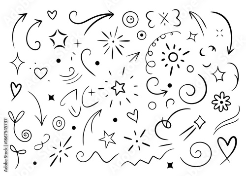 Hand drawn sketch style arrow icon elements collection featuring stars and directional symbols in black yellow cyan magenta tones