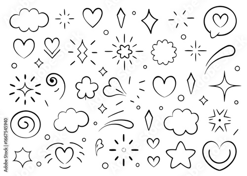 Hand drawn marker pen heart brush strokes collection featuring various artistic styles and romantic embellishments for creative projects