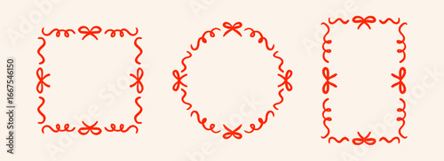 Red hand drawn bow frame set. Wavy ribbon border collection. Circle, square and rectangle doodled box bundle for invitation template, poster, banner. Coquette sketch cadre pack. Vector