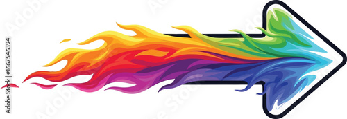 A colorful arrow pointing to the right with a fiery trail, indicating direction and progress