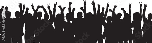 Crowd of people with raised hands and victory signs silhouette
