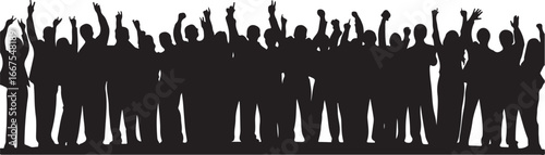 Diverse crowd with raised arms and hands in victory and rock on gestures people silhouette