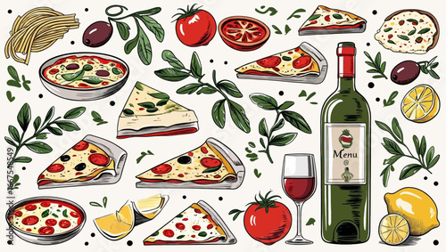 Italian food concept with pizza, pasta, tomatoes, wine, and lemons. Perfect for food blogs, restaurant menus, travel brochures, and social media posts.